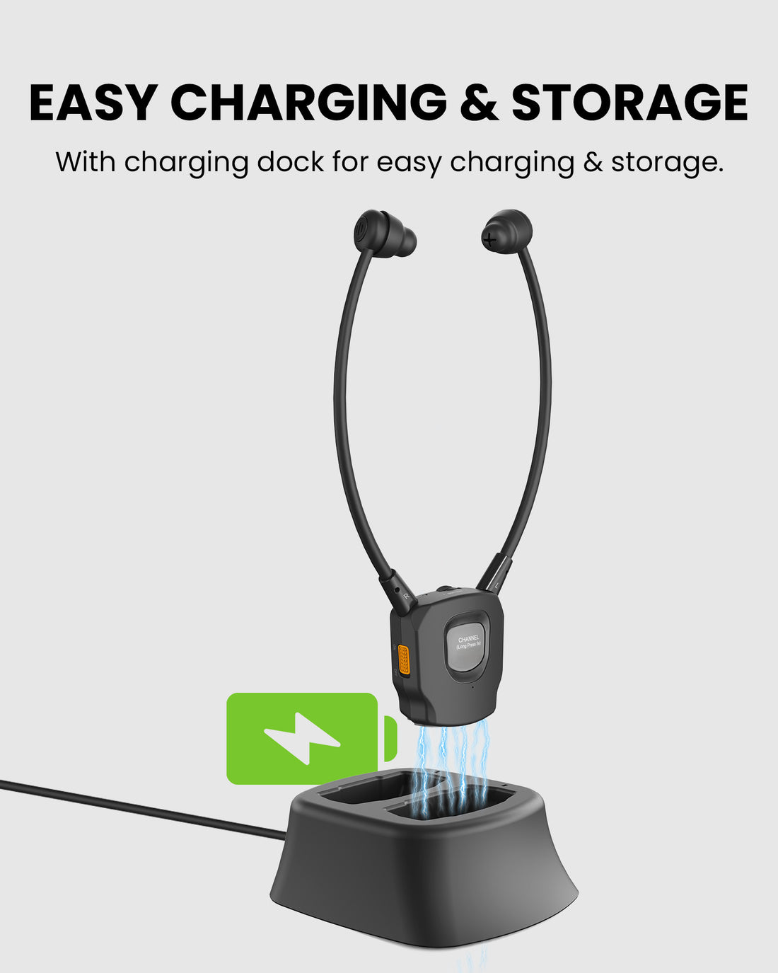 AuraBand Auracast Wireless Earbuds for Church & Assistive Listening, charging dock with replaceable batteries keeps earbuds powered, organized, and ready.