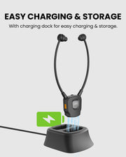 AuraBand Auracast Wireless Earbuds for Church & Assistive Listening, charging dock with replaceable batteries keeps earbuds powered, organized, and ready.