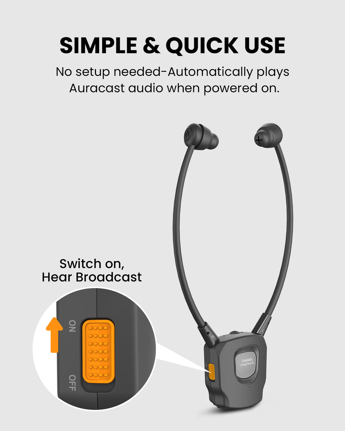 AuraBand-RX Auracast Wireless Earbuds for Church & Assistive Listening. Automatically scans and connects to nearby public Auracast broadcasts.