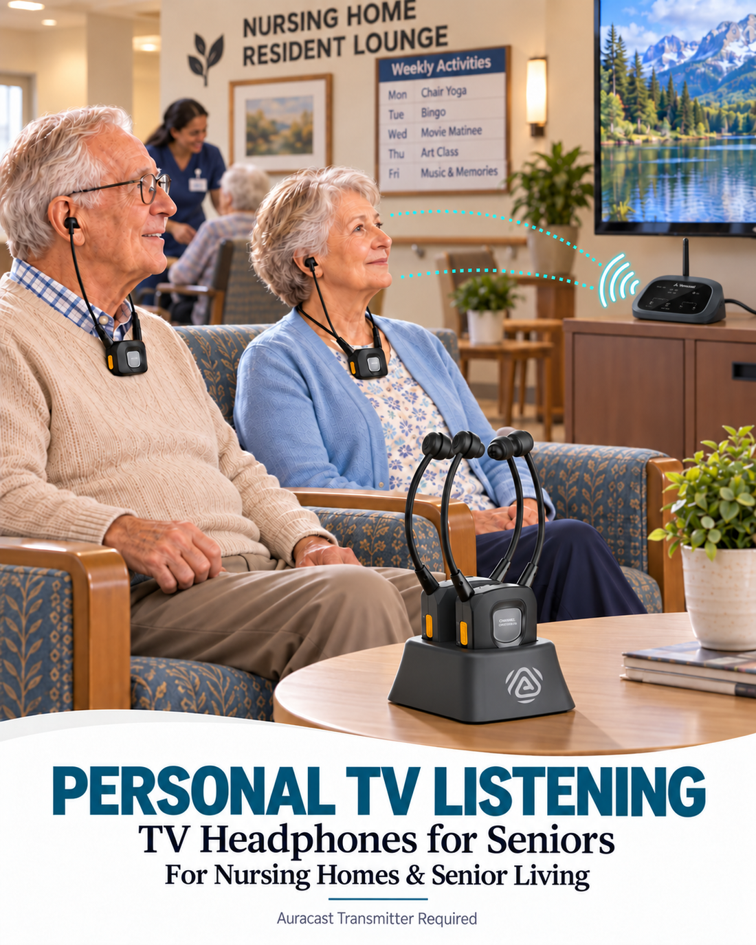 Nursing home residents using AuraBand as TV headphones for seniors with an Oasis Aura Auracast transmitter in a resident lounge.