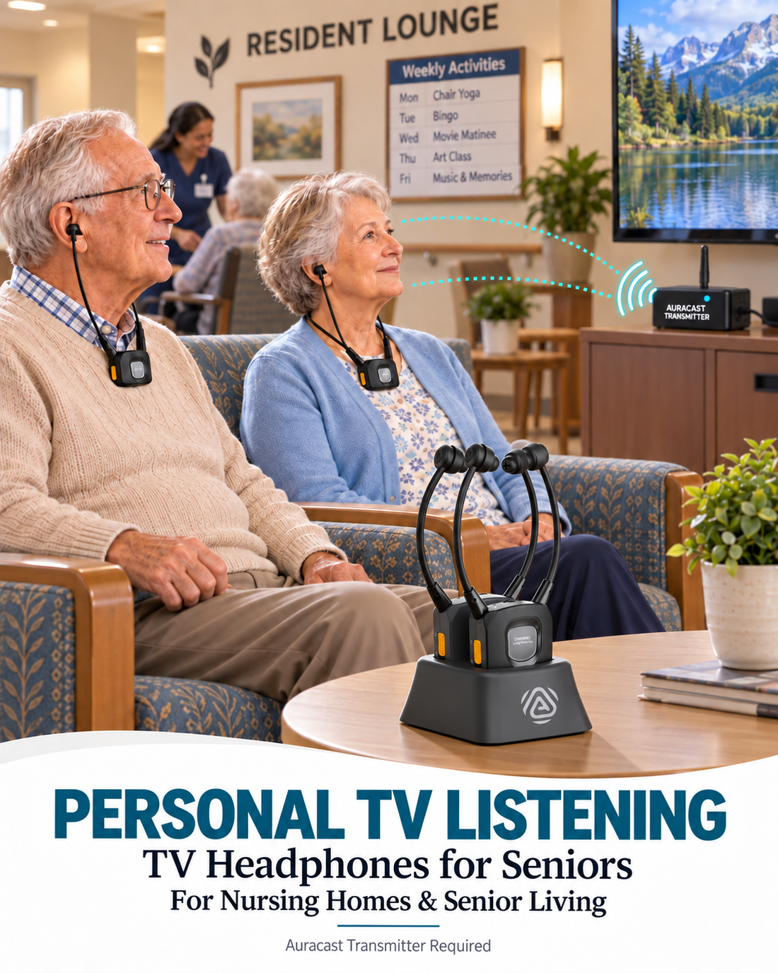 Nursing home residents using AuraBand as TV headphones for seniors in a senior living resident lounge.