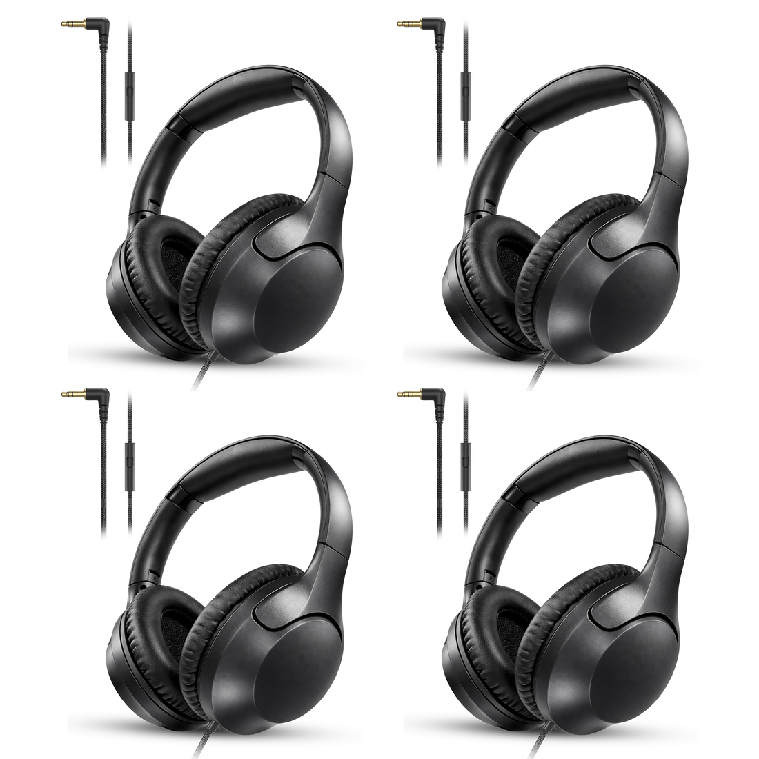 4-Pack wired over-ear headphones with 3.5mm jack for multi-listener use in churches, tours, and events with clear audio for receivers, laptops, and media players.