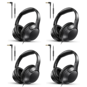 4-Pack wired over-ear headphones with 3.5mm jack for multi-listener use in churches, tours, and events with clear audio for receivers, laptops, and media players.