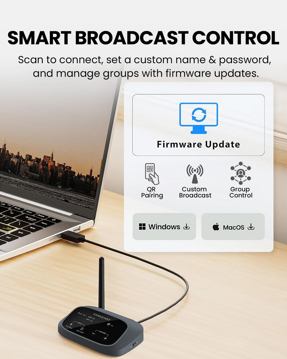 Auracast Venue Transmitter and Receiver for Churches & Public Spaces featuring  easy to scan setup, device naming, password, and firmware updates.