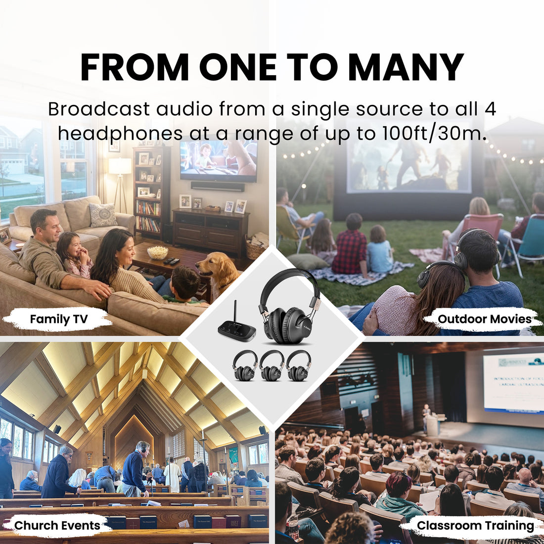Quartet 2 2.4G Wireless Group Listening Headphones for TV, movies, church, and live audio with 4 headphones from one source and 100 ft range.