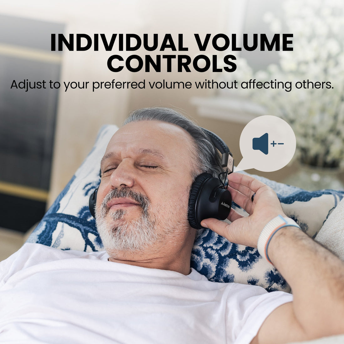 Quartet 2 2.4G Wireless Group Listening Headphones for TV and events with independent volume control for personalized listening levels.