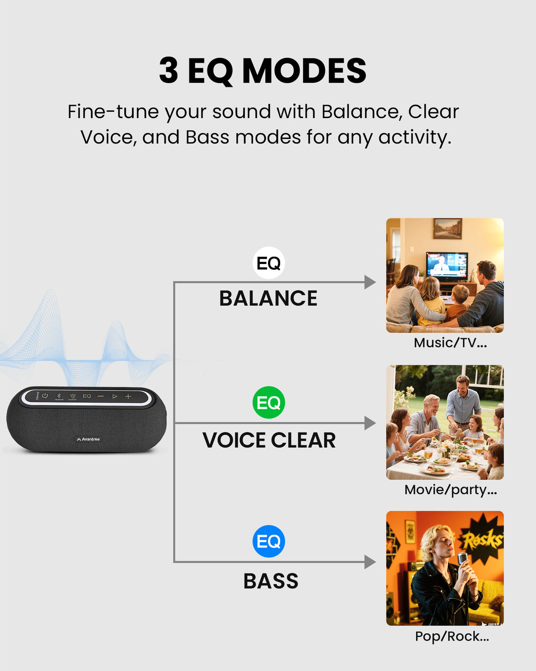Harmony A2 Solo LE Audio Auracast Venue Speaker for TV, bedrooms, and small venues with 3 EQ sound modes: Clear Voice, Bass, and Balanced audio.