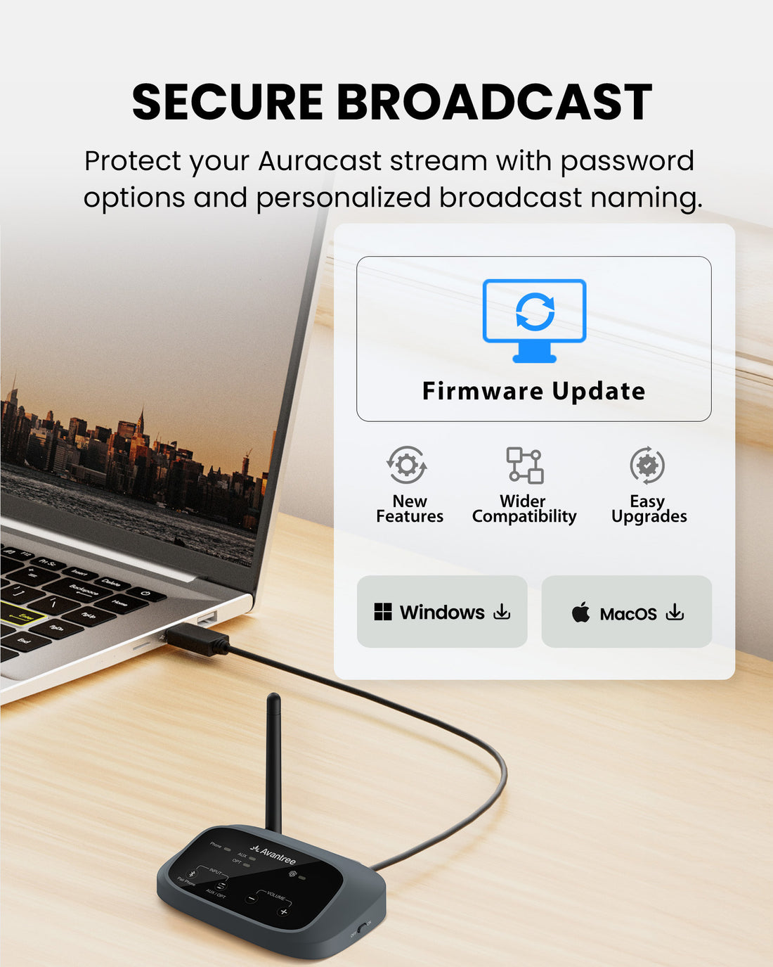 Harmony A3 Auracast Bluetooth 5.4 Transmitter/Receiver Set, one-to-many speaker system. Supports secure broadcast, rename, and firmware update support.