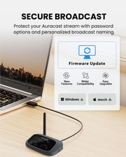 Harmony A3 Auracast Bluetooth 5.4 Transmitter/Receiver Set, one-to-many speaker system. Supports secure broadcast, rename, and firmware update support.
