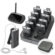 Audiplex MX Wireless 2.4G Venue transmitter and receivers. 10 Receivers with Dock  Supports up to 4 selectable channels, for churches, schools, training sessions, or multilingual events.
