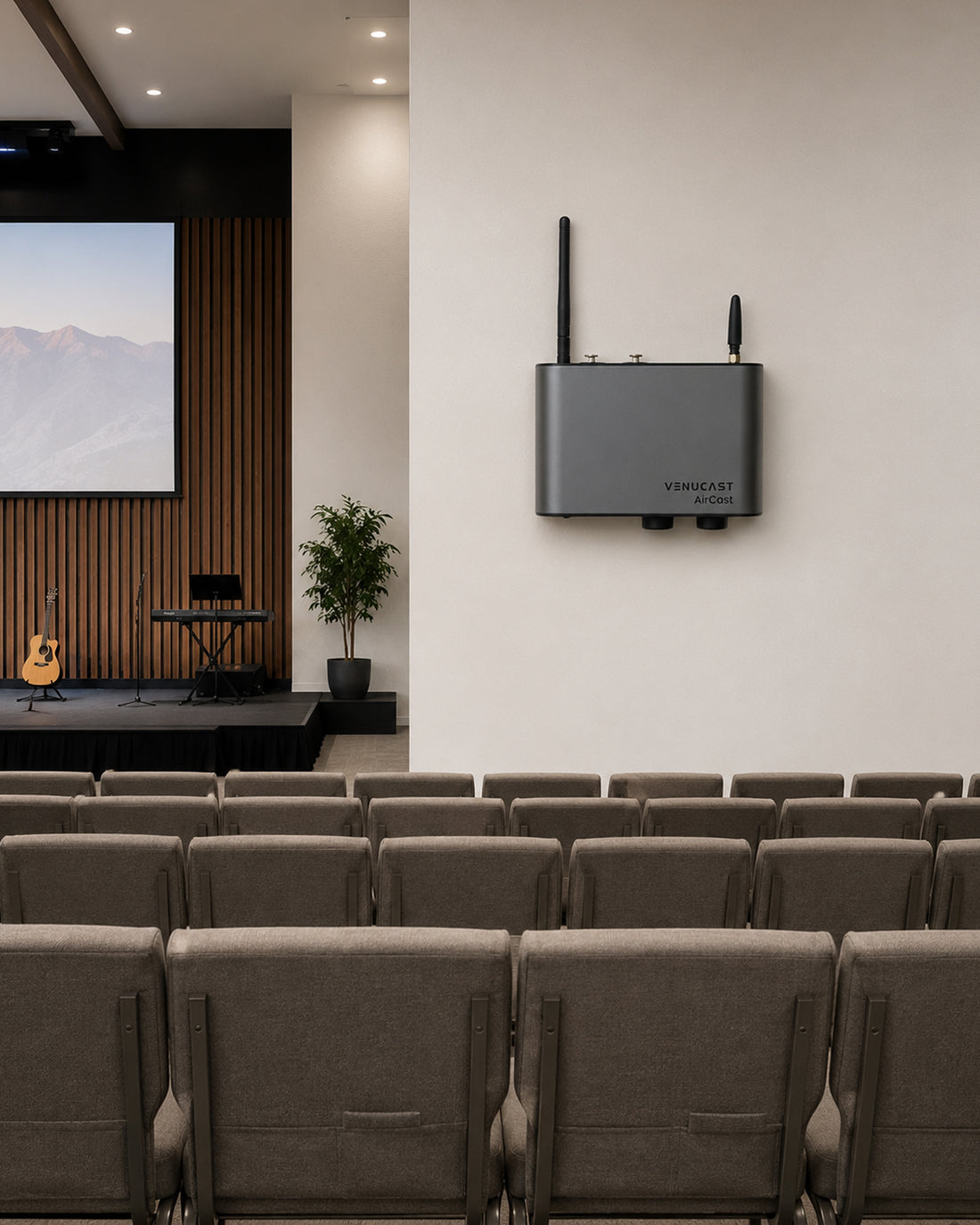 AirCast Professional Auracast transmitter for churches, theaters, stadiums, museums, and other venues works with mixers, PA systems, microphones, and other audio sources.