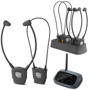 59091 Auracast Assistive Listening System for churches and seniors  for shared audio in churches, nursing homes, clinics, and training spaces—includes 1 transmitter, 6 headsets (3 in-ear 391 earbuds, 3 Telecoil 390 neckloop) and 6-slot charging dock.
