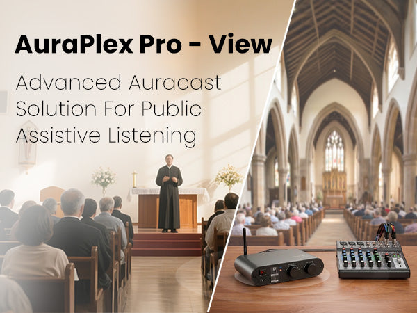 AuraPlex Pro Auracast transmitter system for chuch and public listening. Supports mizer XLR, 6.35 mm, AUX, and Bluetooth inputs, delivering Auracast audio to hearing aids, receivers, and headphones.
