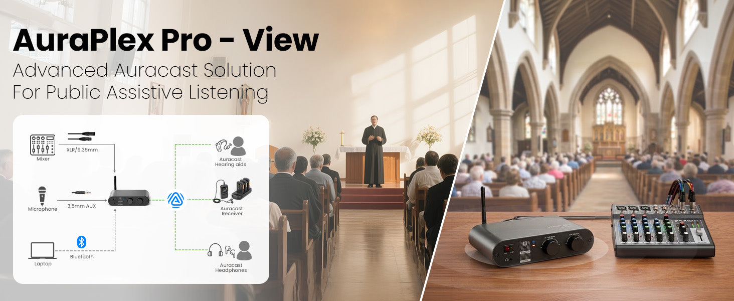 AuraPlex Pro Auracast transmitter system for chuch and public listening. Supports mizer XLR, 6.35 mm, AUX, and Bluetooth inputs, delivering Auracast audio to hearing aids, receivers, and headphones.