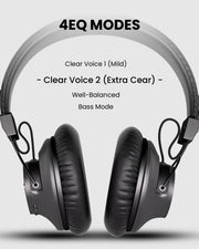 Lite Aura Auracast Headphones for churches and meetings with 4 EQ modes: clear voice 1 (mild), clear voice 2 (extra clear) balanced, and bass mode.