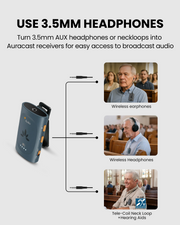 AuraPlex Pro MX AuraClip Venue Auracast Receiver System, turns 3.5mm headphones or T-coil neckloops into Auracast receivers for broadcast audio.