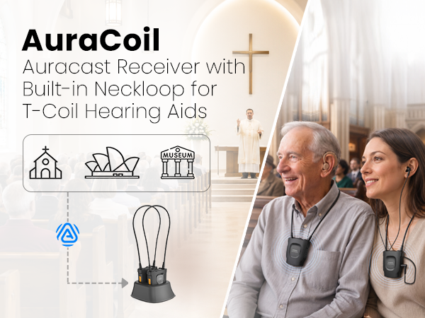 AuraCoil Auracast Receiver Set with built-in T-coil neckloop for churches, museums, conference and venues.