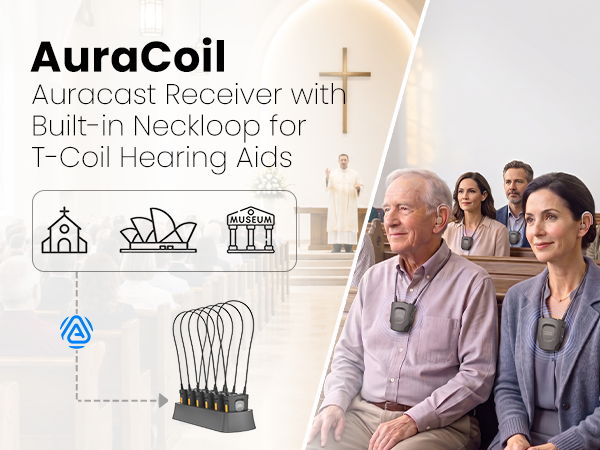 AuraCoil Auracast Receiver Set with built-in T-coil neckloop for churches, museums, conference and venues.
