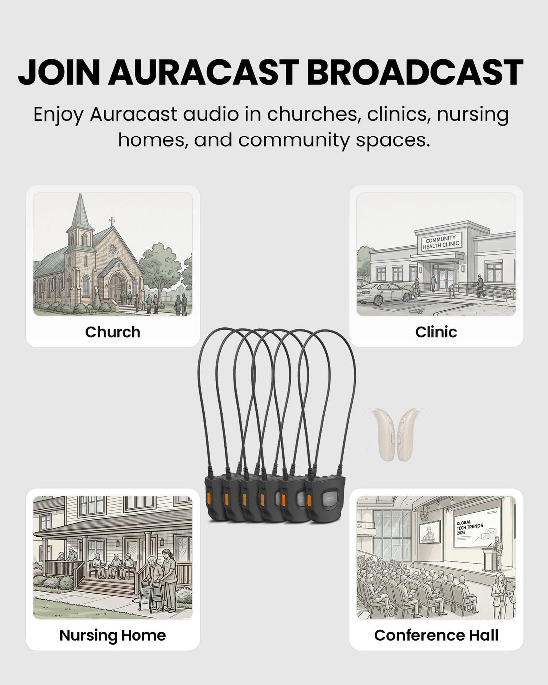 AuraCoil 6-Pack Auracast Receiver Set with built-in T-coil neckloop for hearing aids, ideal for churches, clinic, nursing home, and public listening venues.