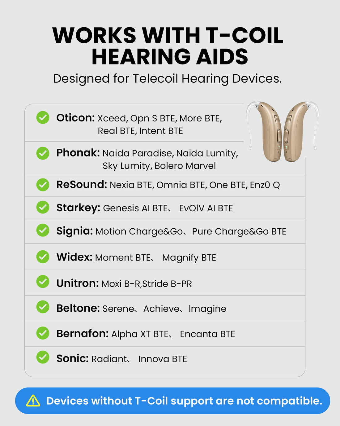 AuraCoil 6-Pack Auracast Receiver Set with built-in T-coil neckloop, works with compatible T-coil hearing aids; not listed are not compatible.