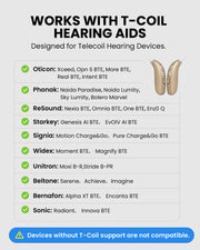 AuraCoil 6-Pack Auracast Receiver Set with built-in T-coil neckloop, works with compatible T-coil hearing aids; not listed are not compatible.