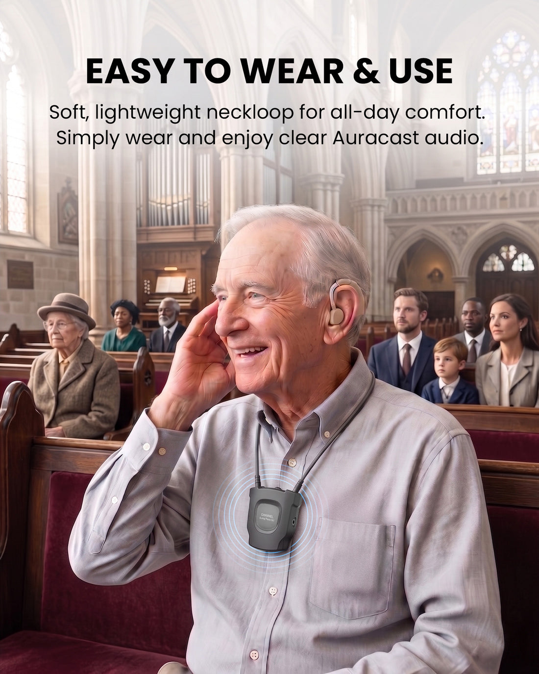 AuraCoil-RX Auracast Receiver with Built-in T-Coil Neckloop for Hearing Aids for church,  soft and lightweight neckloop 