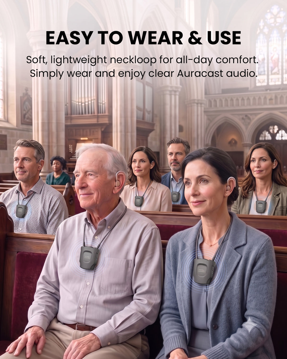 AuraCoil 6-Pack Auracast Receiver Set with built-in T-coil neckloop, lightweight, and easy to wear and use.
