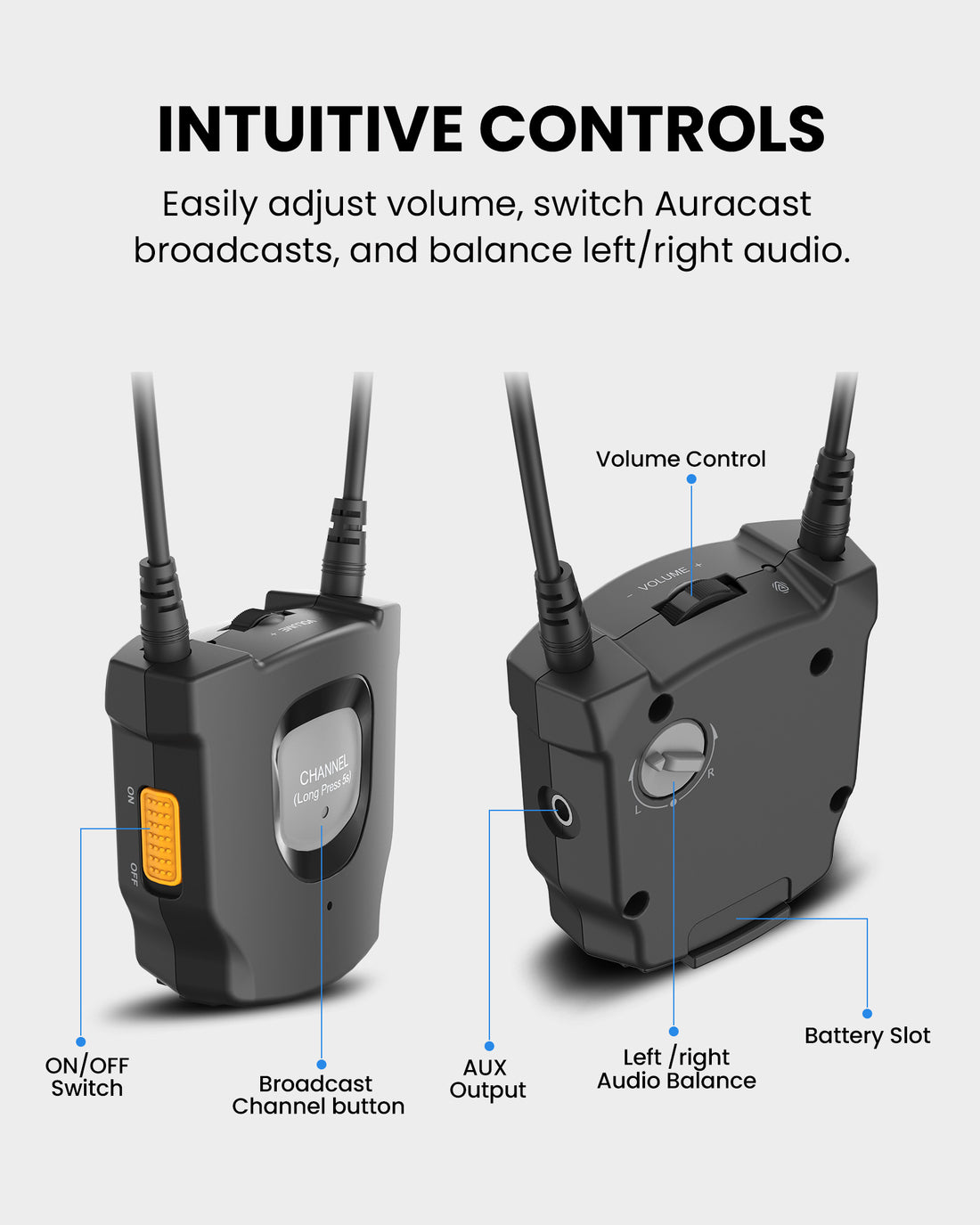 AuraCoil-RX Auracast Receiver Set with built-in T-coil neckloop. Intuitive controls for volume, Auracast channel selection, left/right balance, and power.