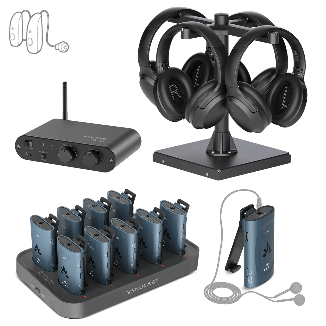 AuraPlex X14 Pro Auracast Group (10 Auraclip & 4 Aria Aura) Listening Kit w/ Charging Dock. Supports auracast hearing aids, wired receivers and wireless headphones