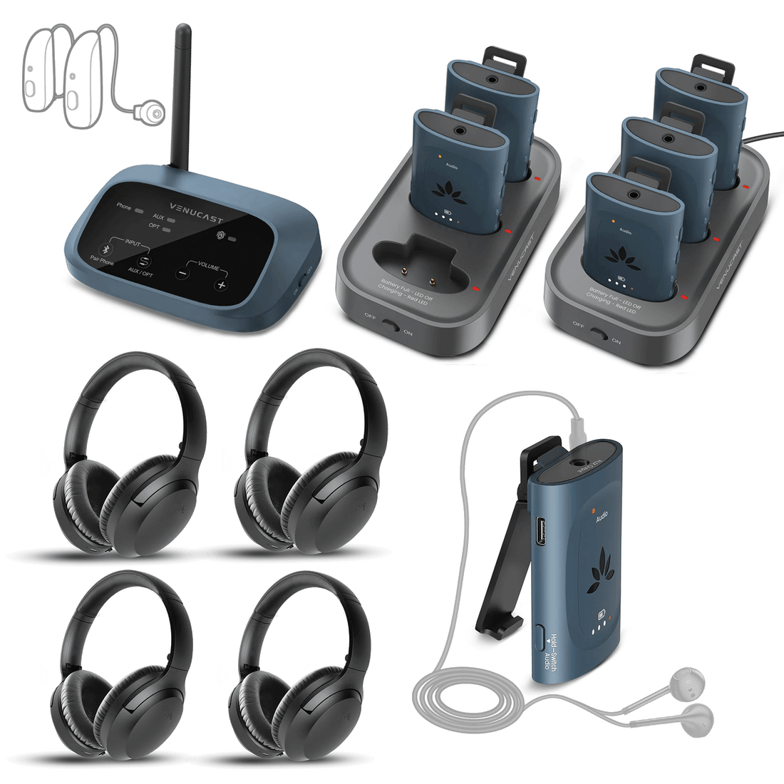 AuraPlex X10 Auracast Group (6 Auraclip & 4 Aria Aura) Listening Kit w/ Charging Dock. Supports Auracast enabeled hearing aids, 3.5 mm headphones and wireless haedphones.