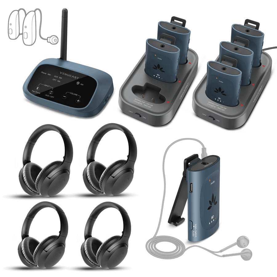 AuraPlex X10 Auracast Group (6 Auraclip & 4 Aria Aura) Listening Kit w/ Charging Dock. Supports Auracast enabeled hearing aids, 3.5 mm headphones and wireless haedphones.