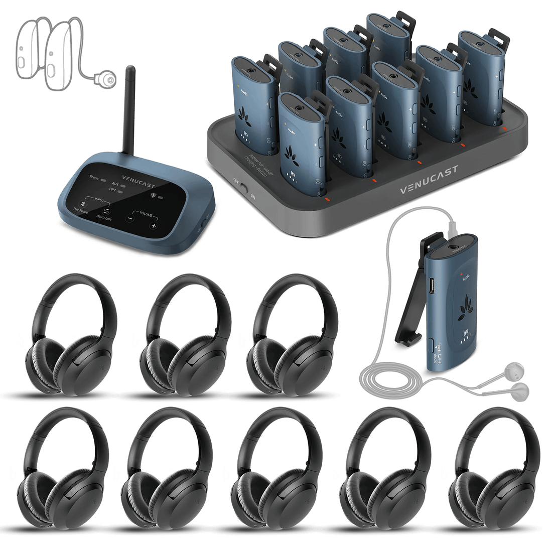 AuraPlex X18 Auracast Group (10 Auraclip & 8 Aria Aura) Listening Kit w/ Charging Dock. Supports auracast hearing aids, 3.5mm headphones, and receivers.