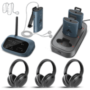 AuraPlex X6 Auracast Venue Transmitter and Receivers. Synchronized audio across all devices with low latency.  Supports both wired (via receivers) and wireless headphones