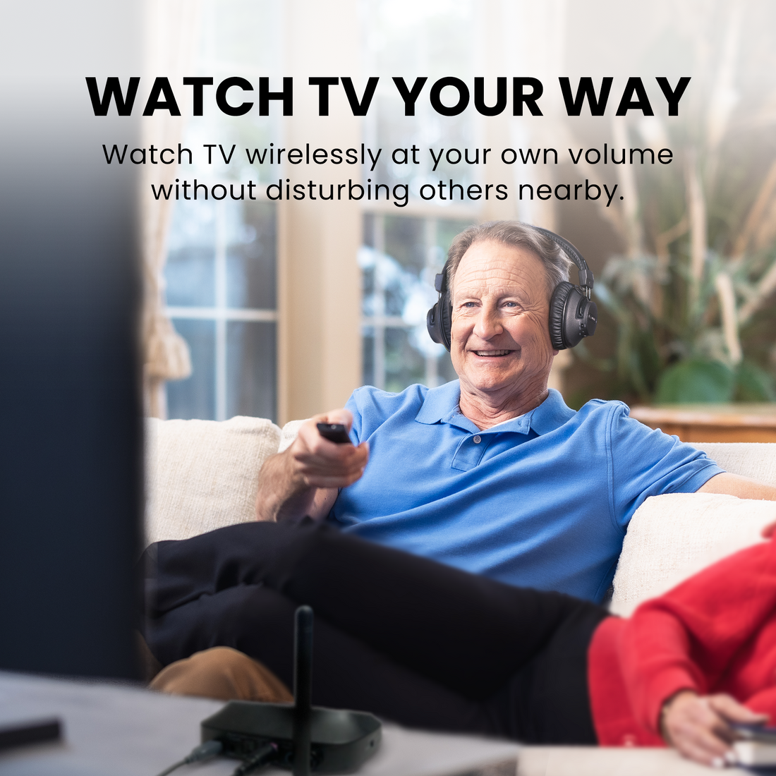 HT5009 Plus Wireless TV Headphones with clear voice for seniors and shared spaces, featuring independent volume control to adjust sound without disturbing others.