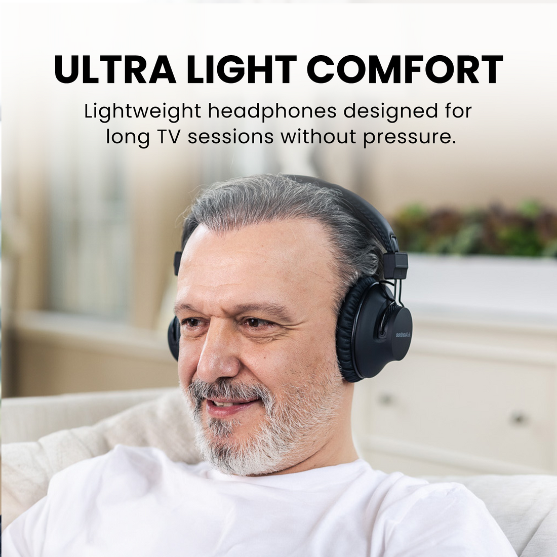 HT5009 Plus Wireless TV Headphones with clear voice for shared spaces and seniors, featuring lightweight comfortable headphones for long TV watching sessions.