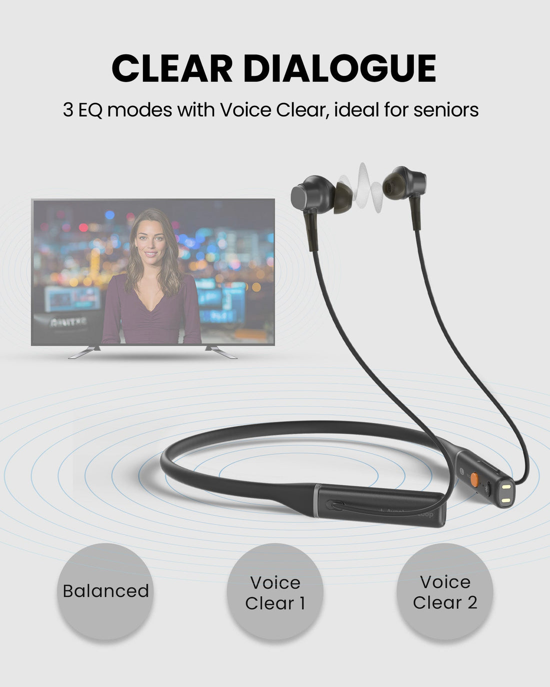 Loop Auracast TV Earbuds with clear dialogue, easy charging dock. Featuring 3 EQ modes, Clear Voice, and Balanced, ideal for seniors.