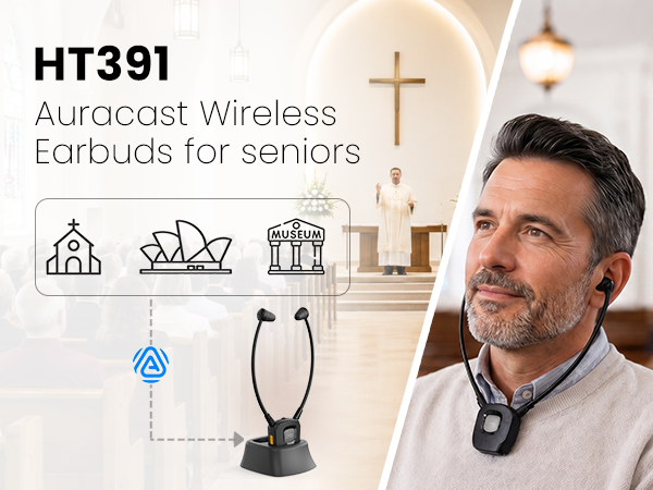 391 Auracast Wireless Earbuds for Church Assistive Listening, providing clear broadcast audio for churches, senior centers, clinics, and community events.
