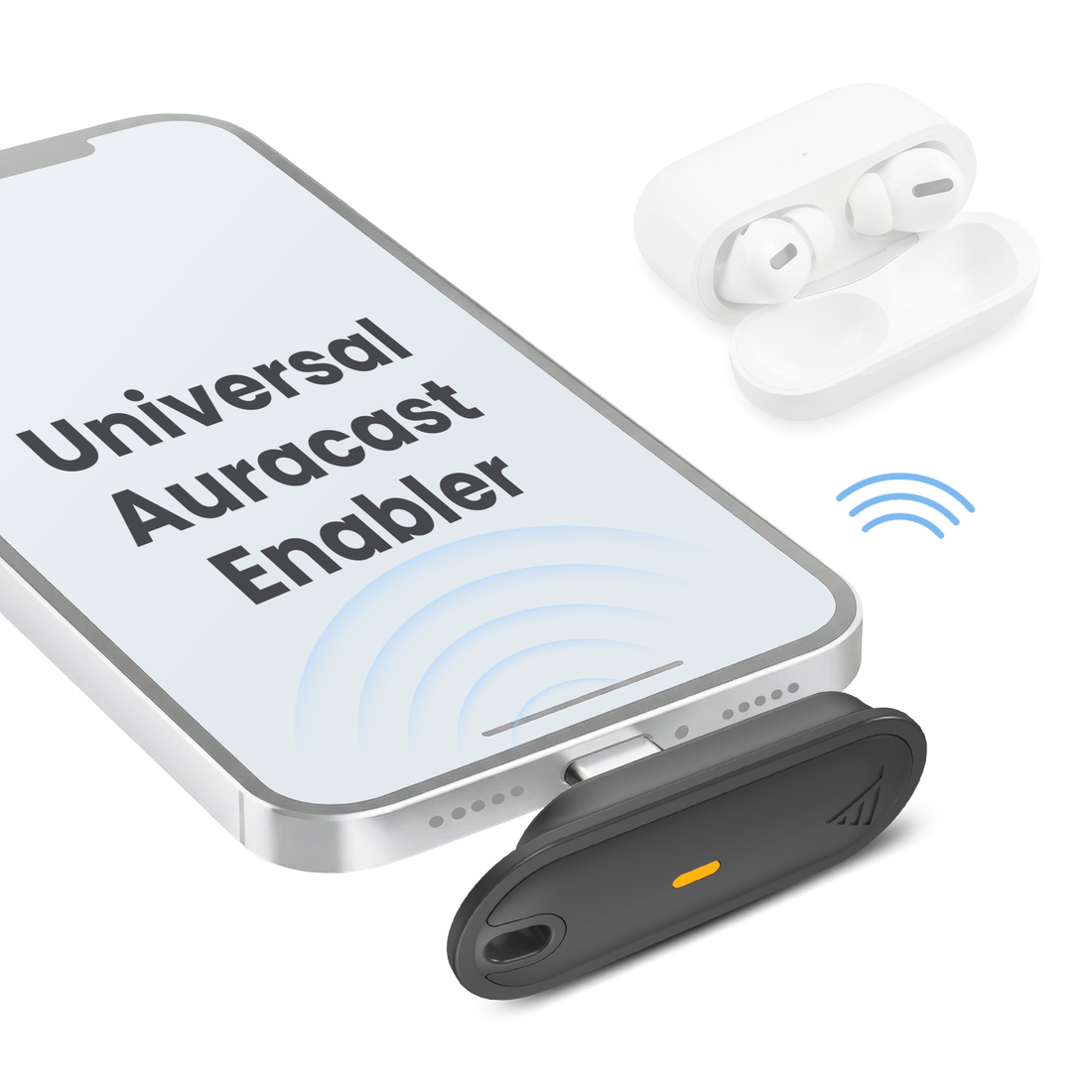 Auracast USB-C Phone Receivers for phones, turning phones into Auracast receivers, compatible with iPhones using a Lightning-to-USB-C adapter (not included).