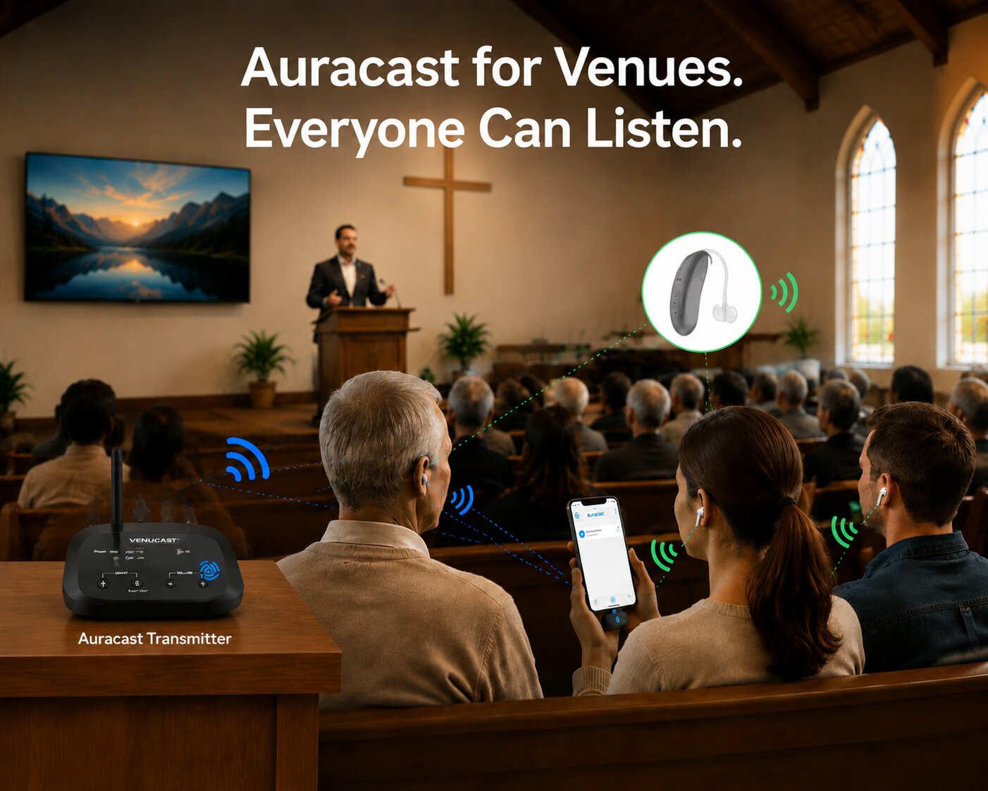 Aura C 3-Pack
Auracast USB-C Phone Receivers for phone  , scan and join nearby Auracast broadcasts through the companion app Perfect for churches, classrooms, guided tours, interpretation, training sessions, and other assistive listening environments where several listeners need access to the same broadcast.