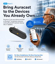 Auracast USB-C Phone Receivers for phone, plug and play. Can listen through own Bluetooth earbuds, headphones, MFi / ASHA hearing aids, or phone speaker.