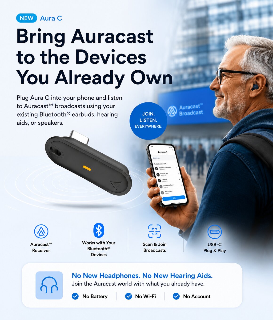 Aura C 3-Pack
Auracast USB-C Phone Receivers for phone  Plug and play . Users can listen through their own Bluetooth earbuds, headphones, MFi / ASHA hearing aids, or phone speaker.