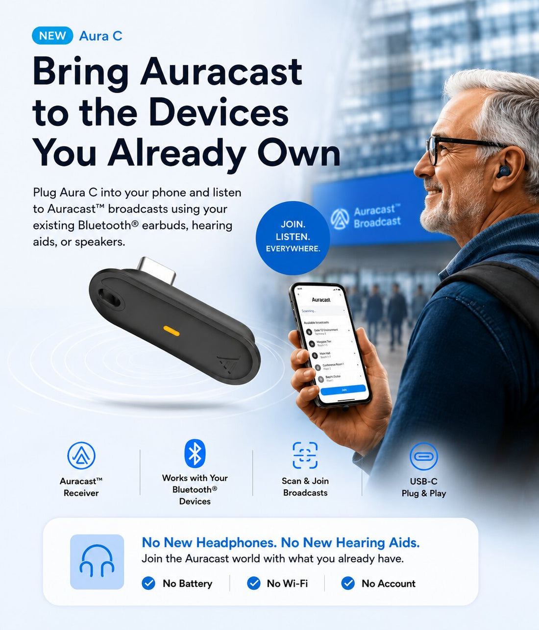 Auracast USB-C Phone Receivers for phone, plug and play. Can listen through own Bluetooth earbuds, headphones, MFi / ASHA hearing aids, or phone speaker.