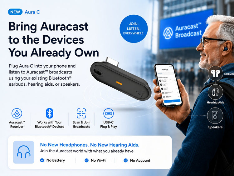 Aura C BYOD Auracast Venue Receiver for Phones, Use Bluetooth Headphones & Hearing Aids for Public Venues, Churches & Assistive Listening