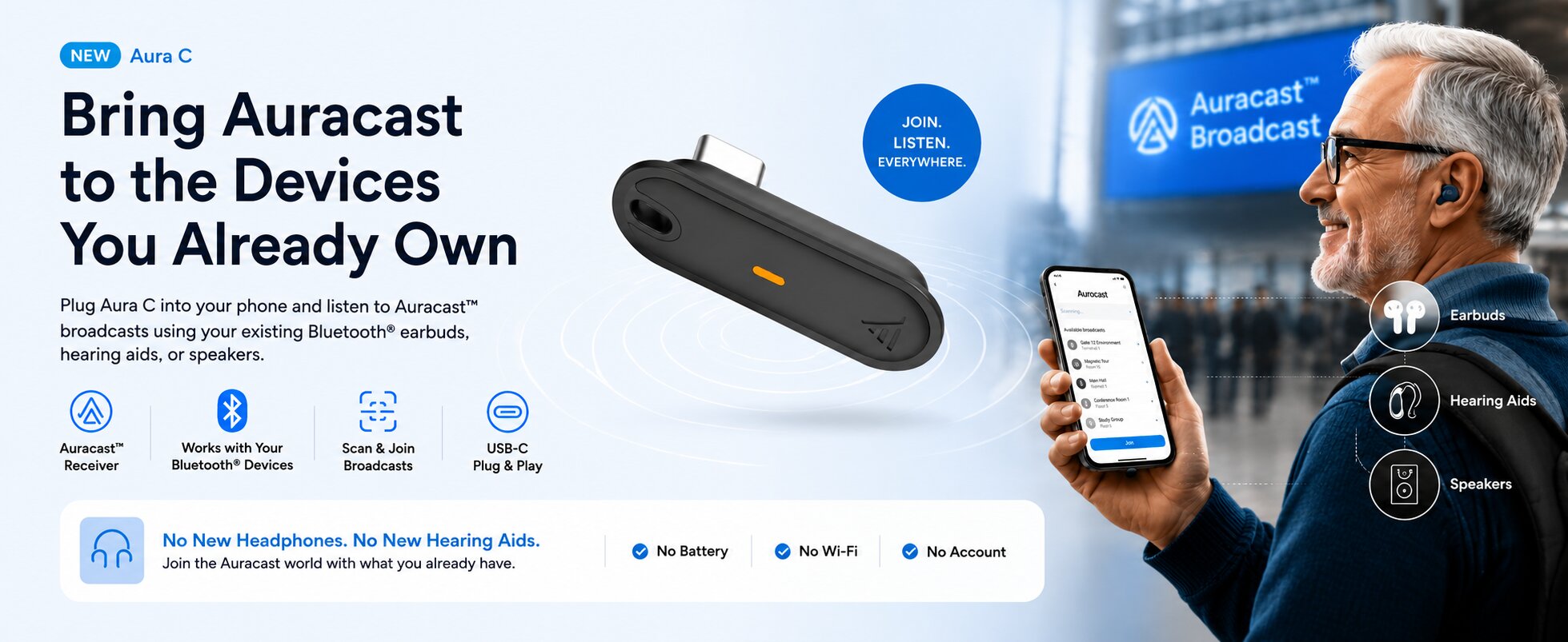 Aura C BYOD Auracast Venue Receiver for Phones, Use Bluetooth Headphones & Hearing Aids for Public Venues, Churches & Assistive Listening