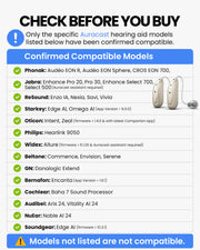 Confirmed Auracast hearing aid compatibility list including supported Phonak, Jabra, ReSound, Starkey, Oticon, Philips, Widex, Beltone, GN, Bernafon, Cochlear, Audibel, NuEar, and Soundgear models.