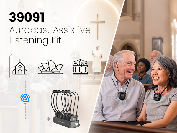 39091 Auracast Assistive Listening Kit for seniors, churches, museums, and public venues with clear, accessible wireless audio.