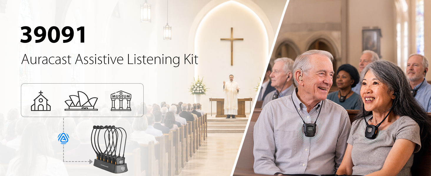 39091 Auracast Assistive Listening Kit for seniors, churches, museums, and public venues with clear, accessible wireless audio.