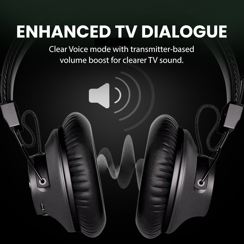 HT5009 Plus Wireless TV Headphones with enhanced TV dialogue, Clear Voice mode, and volume boost for clearer TV sound, ideal for shared spaces and seniors.