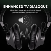 HT5009 Plus Wireless TV Headphones with enhanced TV dialogue, Clear Voice mode, and volume boost for clearer TV sound, ideal for shared spaces and seniors.