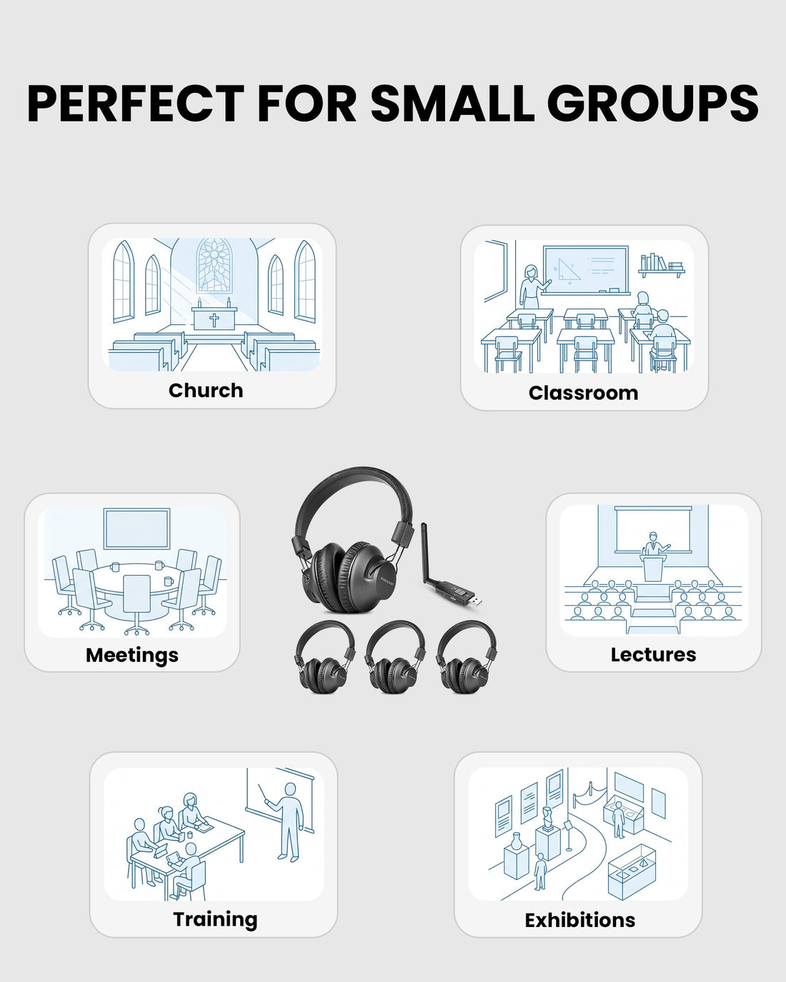 LitePlex H4 USB Venue Transmitter + 4 Headphones for classrooms, training sessions, churches, meetings, lectures and small group events.


